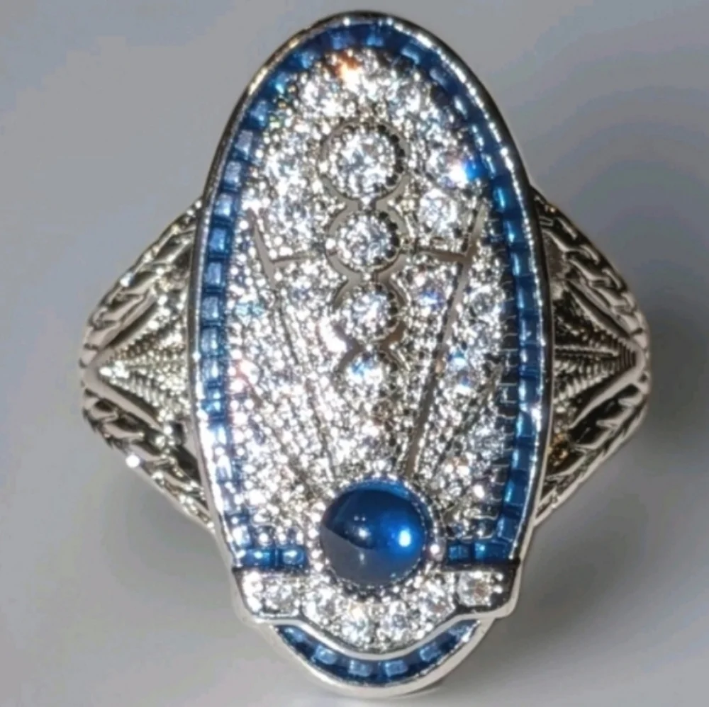 Art Deco Style Lab Created diamond Sapphire Wedding 14k White Gold Plated Sz 10